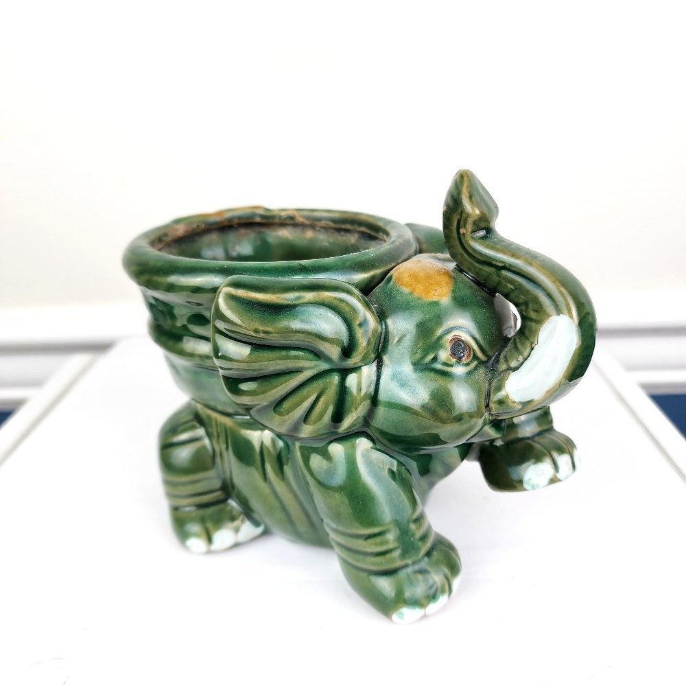 Green Majolica Elephant Planter Trunk Up
